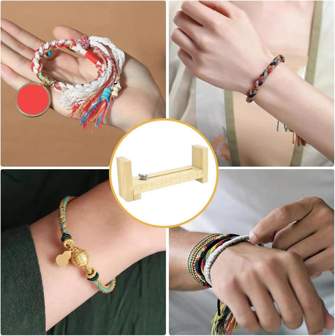 Assorted handmade bracelets displayed and Dope Wood Bracelet Jig Kit For DIY Paracord Knitting And Bracelet Making With U Shape Clear Scale And Two Clamps Free Size Length Durable Wood Maker Tool Set For Easy Handmade Jewelry Projects