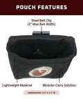 Clip On Pouch For Two Inch Belts Pro Grade Leather Tool Bag with quick clip on design, top view showing steel belt clip.