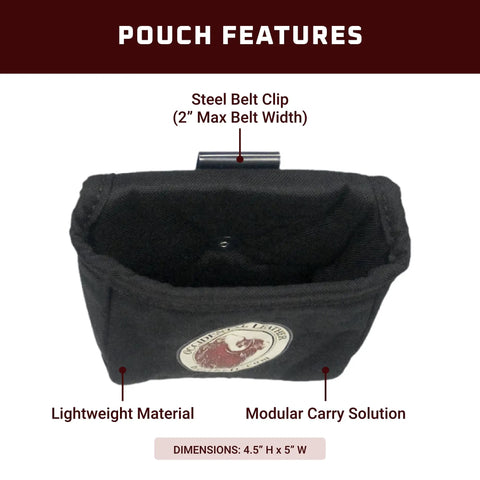 Clip On Pouch For Two Inch Belts Pro Grade Leather Tool Bag with quick clip on design, top view showing steel belt clip.
