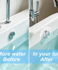 Quovay 2 Pcs 6.1 Inch Bathtub Stoppers, PVC Bathtub Overflow Drain Cover comparison of full and drained bathtub.