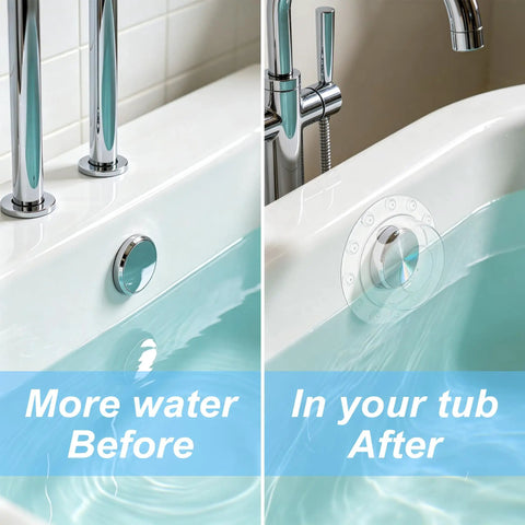 Quovay 2 Pcs 6.1 Inch Bathtub Stoppers, PVC Bathtub Overflow Drain Cover comparison of full and drained bathtub.