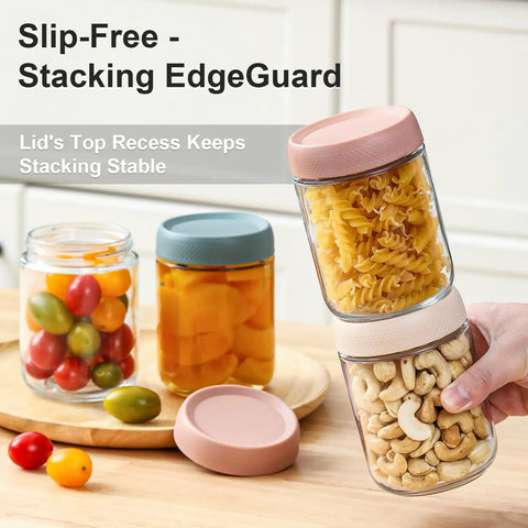 Hand holding stacked Six Pack 16 Oz Glass Jars With Airtight Lids For Overnight Oats, Snacks And Meal Prep, Wide Mouth Mason Style Jars For Yogurt Spices And Sugar, Reusable BPA Free Glass Storage Containers with pasta and cashews