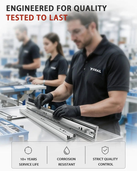 Technician handling 14-inch soft-close drawer slides, side mount glides, ball bearing rails in quality control environment.