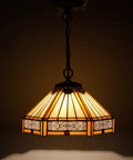 Tiffany Style Yellow Hexagon Pendant Light Fixture With Stained Glass, 12 Inch Wide Shade, Mission Hanging Lamp glowing warmly