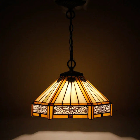 Tiffany Style Yellow Hexagon Pendant Light Fixture With Stained Glass, 12 Inch Wide Shade, Mission Hanging Lamp glowing warmly