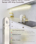 Motion Sensor Led Strip Lights For Closets And Under Cabinets 6.56ft Rechargeable Adhesive Light installed under a kitchen cabinet.