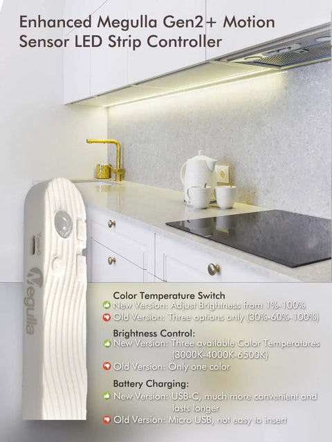 Motion Sensor Led Strip Lights For Closets And Under Cabinets 6.56ft Rechargeable Adhesive Light installed under a kitchen cabinet.