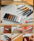 Heavy Duty Upholstery Repair Kit With Fifty Pieces Eight Thread Colors Thirty Two Upholstery Needles Two Awls Rippers Scissors Thimble Needle Threader Ruler And Storage Bag For Car Seats Sofas Shoes Backpacks And Diy Craft, showcasing tools and threads.
