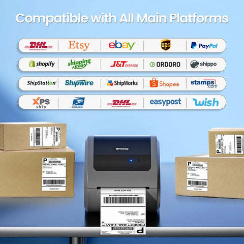 Bluetooth Thermal Shipping Label Printer For 4x6 Rolls And Wide Fan Fold Paper With Spacious Built In Storage Tray printing labels with packages.