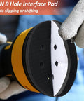 5-inch foam sanding pad with 8 holes and hook-and-loop backing for orbital sander; soft density sponge