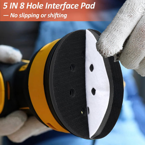 5-inch foam sanding pad with 8 holes and hook-and-loop backing for orbital sander; soft density sponge