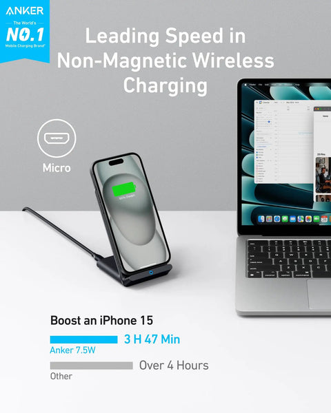 Wireless Charging Stand For Galaxy And iPhone Qi Certified 10W Fast Charging for Samsung Galaxy 7.5W for iPhone shown with laptop