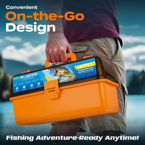 Man holding Massive 4-Layer Tackle Box Kit With 547-Piece Fishing Lures Set for freshwater bass fishing by a lake.