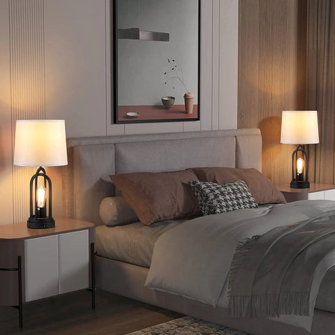 Set Of 2 Farmhouse Table Lamps For Living Room With Dual USB Ports, 3 Way Brightness Retro Industrial Nightstand Lamps on bedroom tables.
