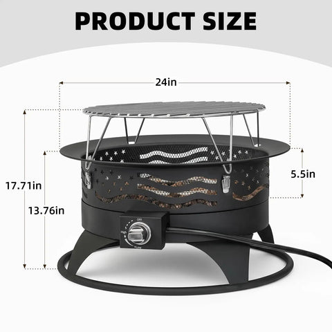24 Inch Portable Propane Fire Pit With Grill, black metal design, 60,000 BTU smokeless firepit with adjustable flame and lava rocks