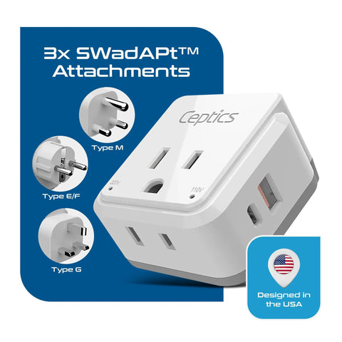 Africa Travel Adapter Set With 20W Power Delivery And Fast Charge Dual USB And USB C Two USA Outlets Universal All In One Plug Kit For Zimbabwe Morocco And Across Africa Including Type E F M G Attachments showing SWadAPt attachments.