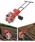 Walk Behind Garden Seeder Tool With 7 Nozzles, Roller Planter for soy, peanut, and corn, durable iron and plastic in use