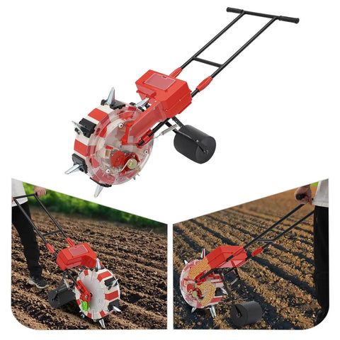 Metal Garden Push Seeder With Seven Seed Holes in use, showing clear seed storage box and no-bend design on a field.