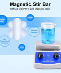 Magnetic Stirrer Hot Plate Mixer With Thermometer And 2000 RPM Stirring, Heats Up To 520 Fahrenheit Fast, Includes Stir Bar And Support Stand For Easy Lab Setups. White PTFE magnetic stir bar next to lab beaker on hot plate mixer.