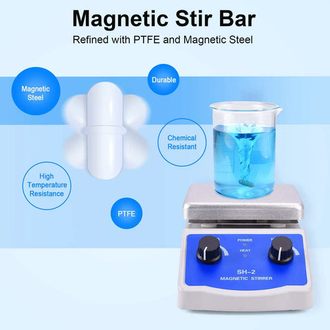 Magnetic Stirrer Hot Plate Mixer With Thermometer And 2000 RPM Stirring, Heats Up To 520 Fahrenheit Fast, Includes Stir Bar And Support Stand For Easy Lab Setups. White PTFE magnetic stir bar next to lab beaker on hot plate mixer.