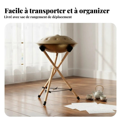 Badass Heavy Duty Portable Foldable Drum Rack Crafted From Premium Beech Wood Tripod Stand with adjustable drum holder in a cozy room.