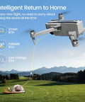 Go-To Pocket Sized Drone With 4K Camera Under 250g For Beginners in flight, showing return to home feature over a field and tent.