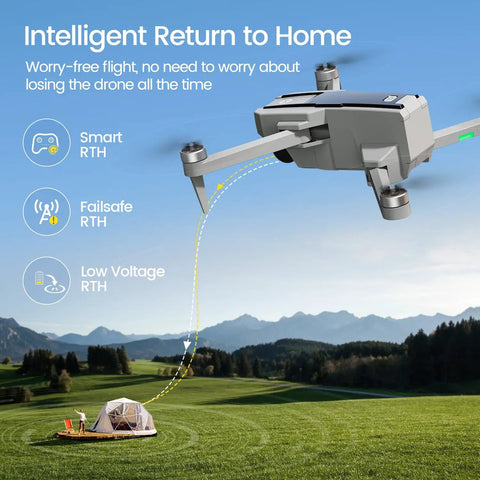 Go-To Pocket Sized Drone With 4K Camera Under 250g For Beginners in flight, showing return to home feature over a field and tent.