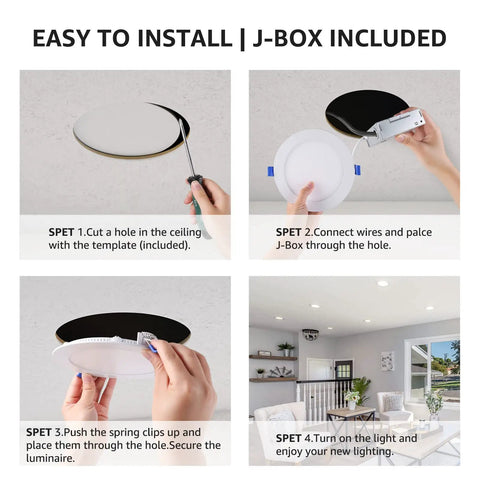 Installation steps for 6 Pack 4 Inch Canless LED Recessed Lights With Junction Box, Ultra Thin 5000K Daylight, Dimmable Retrofit Downlights
