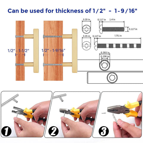 Diagram showing installation of 5 Pack Brass Champagne Gold Square Cabinet Pulls, 4 Inch Length, with screws and thickness options.