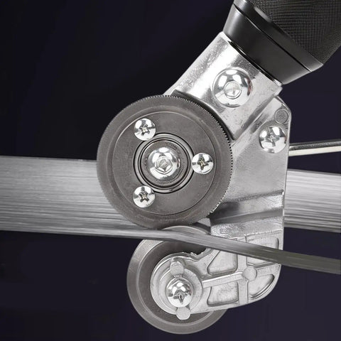 Heavy Duty Electric Drill Plate Cutter Nibbler Tool showing reinforced alloy body with wheels for precise metal cutting.