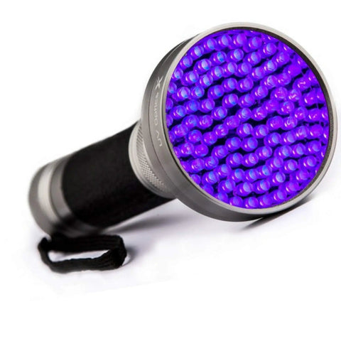 Close-up of Powerful LED Ultraviolet Black Light Flashlight for Detecting Bed Bugs, Pet Stains, and Counterfeit Detection