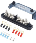 Heavy Duty Power Distribution Block Bus Bar With Four Positive And Four Negative Terminals Plus Insulated Ring Ends, featuring nickel brass terminals.