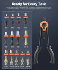 Heavy Duty Rivet Nut Tool Kit With 13 Mandrels And 130 Nuts For M3 To M12 Sae Sizes Plus Metric Fasteners A Solid All In One Set Perfect For Auto Repair, Metalworking Projects And DIY Fixes Under The Hood, shown with pliers and mandrels