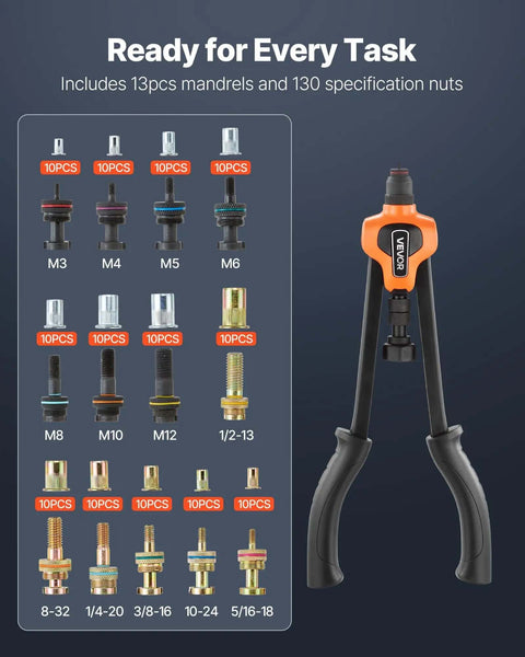 Heavy Duty Rivet Nut Tool Kit With 13 Mandrels And 130 Nuts For M3 To M12 Sae Sizes Plus Metric Fasteners A Solid All In One Set Perfect For Auto Repair, Metalworking Projects And DIY Fixes Under The Hood, shown with pliers and mandrels