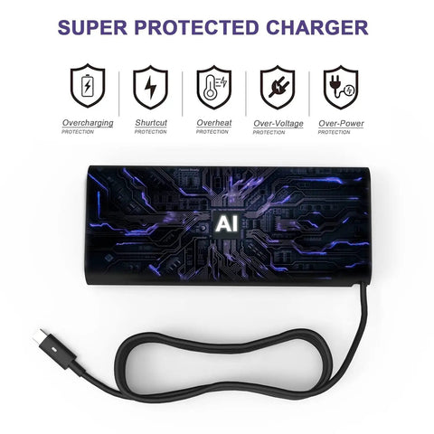 Beefy 130W USB C Fast Charge Laptop Charger Adapter with AI protection features on display, cable attached, black design