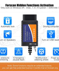 USB OBD2 Adapter With Forscan Support showing features like automatic lock, tire pressure monitoring, and multifunctional steering wheel.