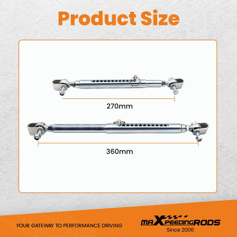 Universal Front End Tubular Travel Limiters Weld On Quick Adjustable For Drag Race Cars With Lower Control Arm Mounts Built To Be Durable Lightweight And Easy Pin Replacement For Max Front End Travel Control, 270mm and 360mm