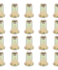 Professional Grade Durable Zinc Coated Rivet Nut Kit With 100 Count M4 Threaded Inserts in flat arrangement.