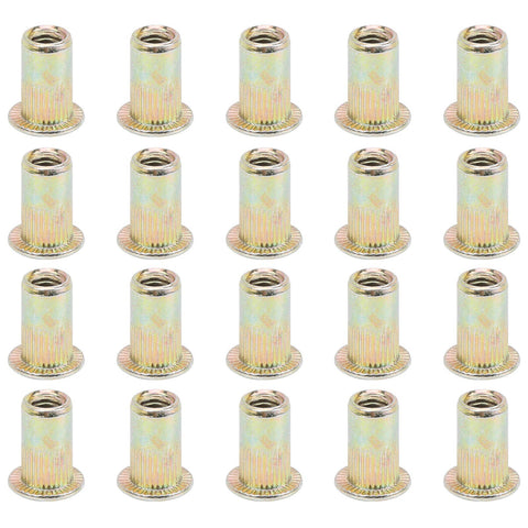 Professional Grade Durable Zinc Coated Rivet Nut Kit With 100 Count M4 Threaded Inserts in flat arrangement.