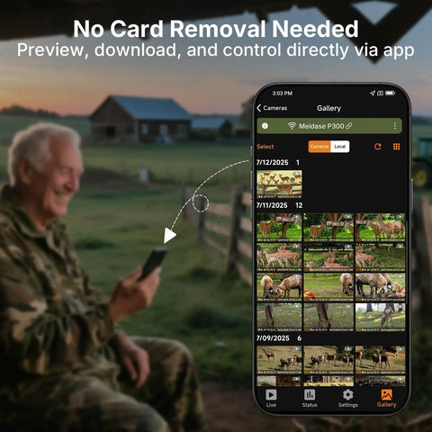 User controls the Slick Non Cellular Wifi Trail Camera With Dual Antenna And Beefy 7800 Mah Battery via smartphone app.