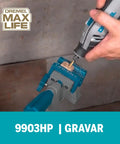 Max Life One Eighth Inch Tungsten Carbide Carving Bit For Rotary Tools used in carving with blue rotary tool on metal surface