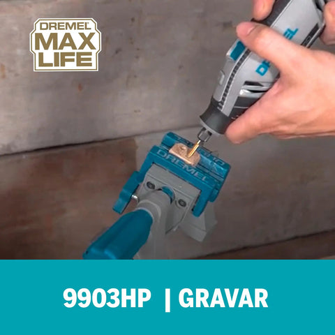 Max Life One Eighth Inch Tungsten Carbide Carving Bit For Rotary Tools used in carving with blue rotary tool on metal surface