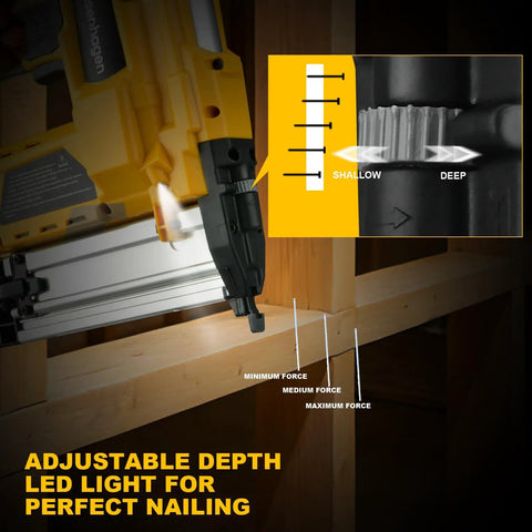 Slick 2In1 Cordless Brad Nailer And Staple Gun Works With 20V Batteries showing adjustable depth settings for precise nailing.
