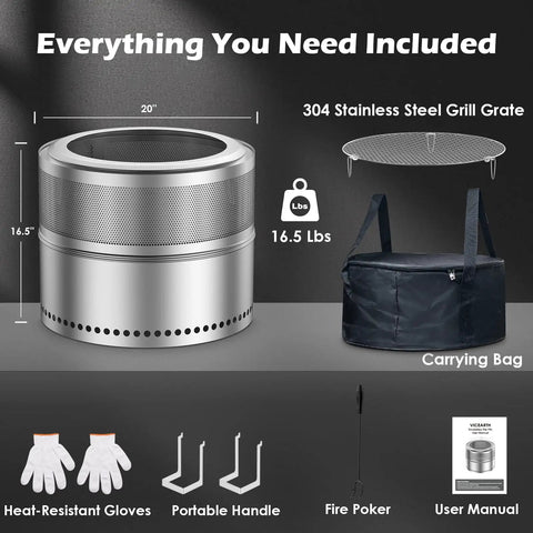 Smokeless 20 Inch Outdoor Fire Pit Portable Stainless Steel With Grill Grate Ash Pan And Carry Bag For Camping RV And Patio Low Smoke Wood Burning Pit With Full Circle Airflow For Cleaner Warmer Even Flames, accessories shown.