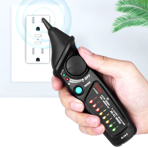Non Contact Voltage Detector Pen AVD06 12-1000V in use near electrical outlet, shows LED indicator and sensitivity adjustment