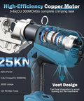 Badass Heavy Duty Electric Hydraulic Crimping Tool With Dual Fast Charge Packs For Quicker Rounds And Consistent Copper Connections Rated For 12 Ton Load shown with a transparent view of motor and 125KN max force.