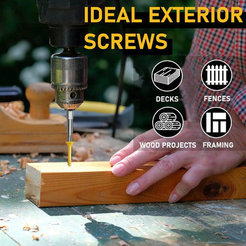 Deck Screws Number Eight By One And A Half Inch Three Hundred Fifty Pieces Exterior Wood Screws Epoxy Coated Rust Resistant Tan Decking Screws With Torx Drive T25 Bit Included For Treated Wood Fence And Outdoor Projects used in woodworking drill.