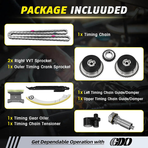 Package contents of All In One Timing Chain Kit With VVT Sprocket For 2.4L Ecotec Engines Fit 2011 To 2017 Chevy Equinox Malibu Impala