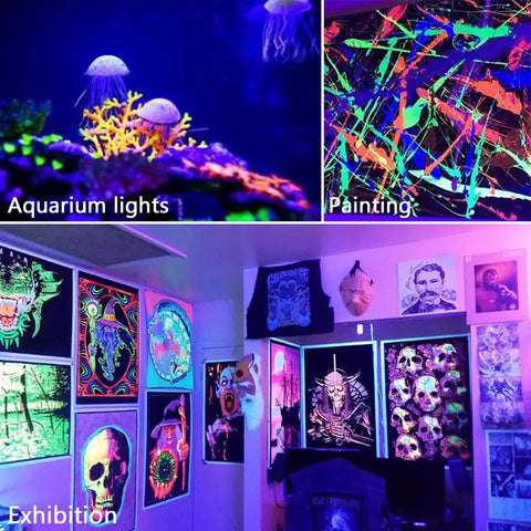 Ultra Bright 40W Black Light Flood Light IP66 Waterproof for lit glow parties showcasing UV-reactive paint and wall posters.