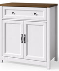 Farmhouse Kitchen Storage Cabinet With Adjustable Shelves And A Big Ol Drawer Barn Door Sideboard Buffet Freestanding 30W X 15.6D X 33.3H For Kitchen Living Room Or Entryway, white with brown top, front view